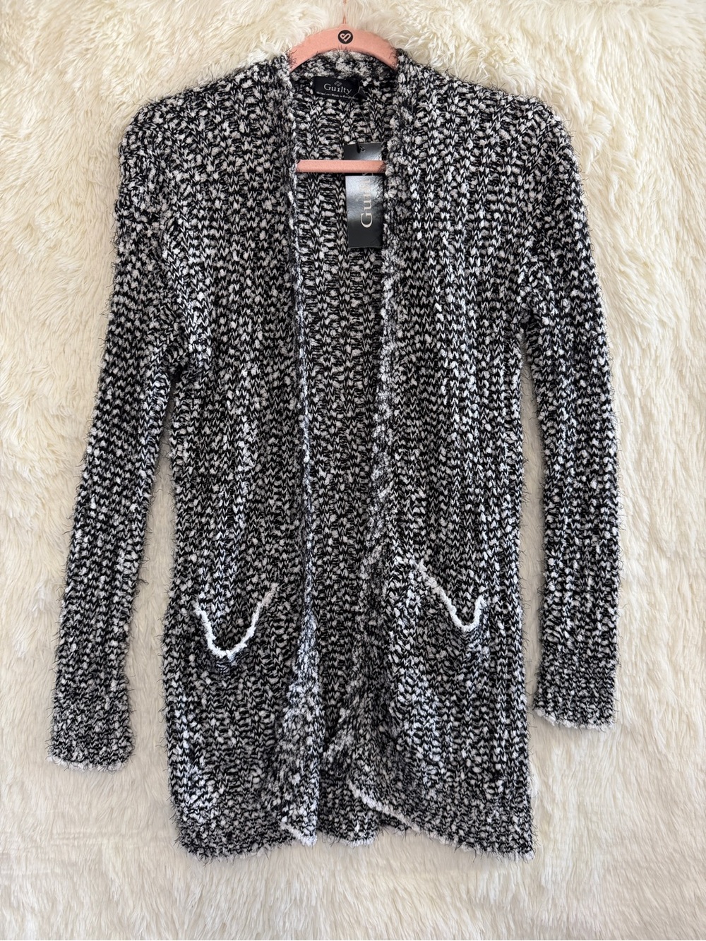 Guilty Womens Indie Boho Open Front Popcorn Cardigan Size L Black White Cozy